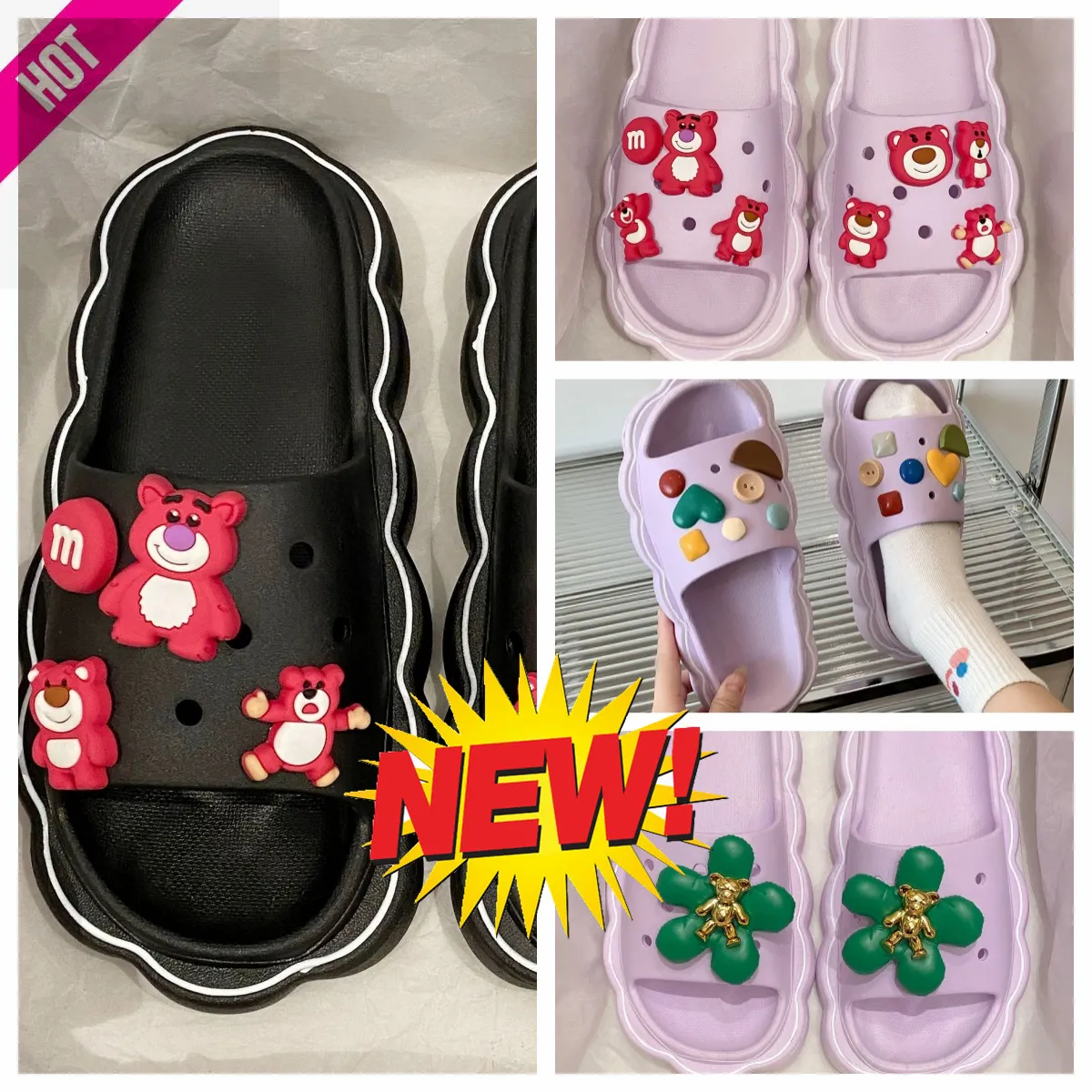 Vente chaude de pantoufles de graffiti de dessin animé à semelles souples pour femmes en plein air, sandales décontractées de plage pour femmes, chaussures décontractées de plage, ours en peluche blanc violet rose