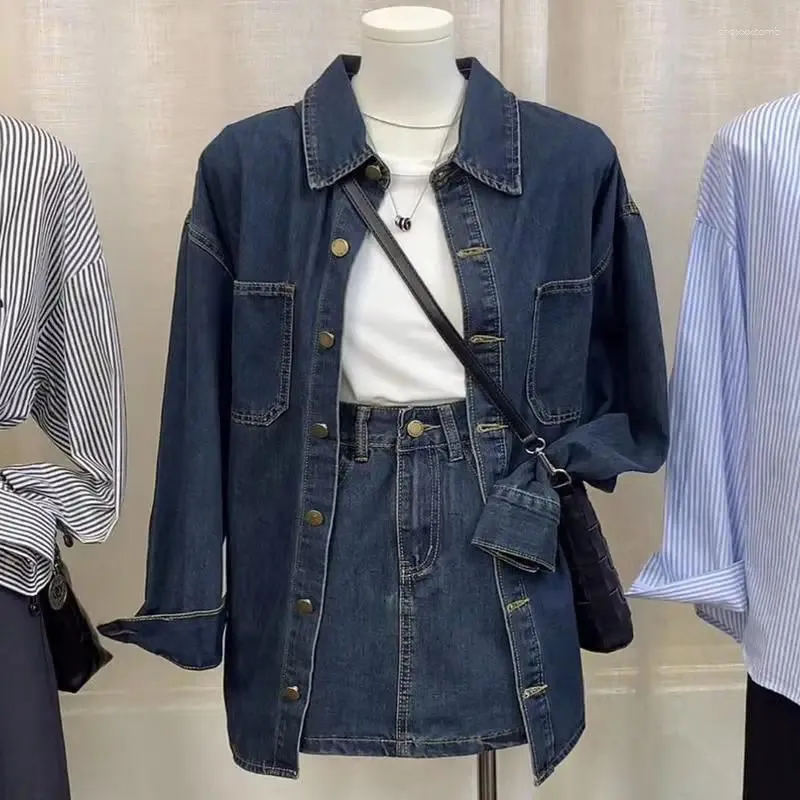 Vestidos de trabalho Xgoth Retro Saias Define Coreano Moda Casual Único Breasted Denim Camisa Tops Cintura Alta Saia Curta Meninas Conjunto de Duas Peças