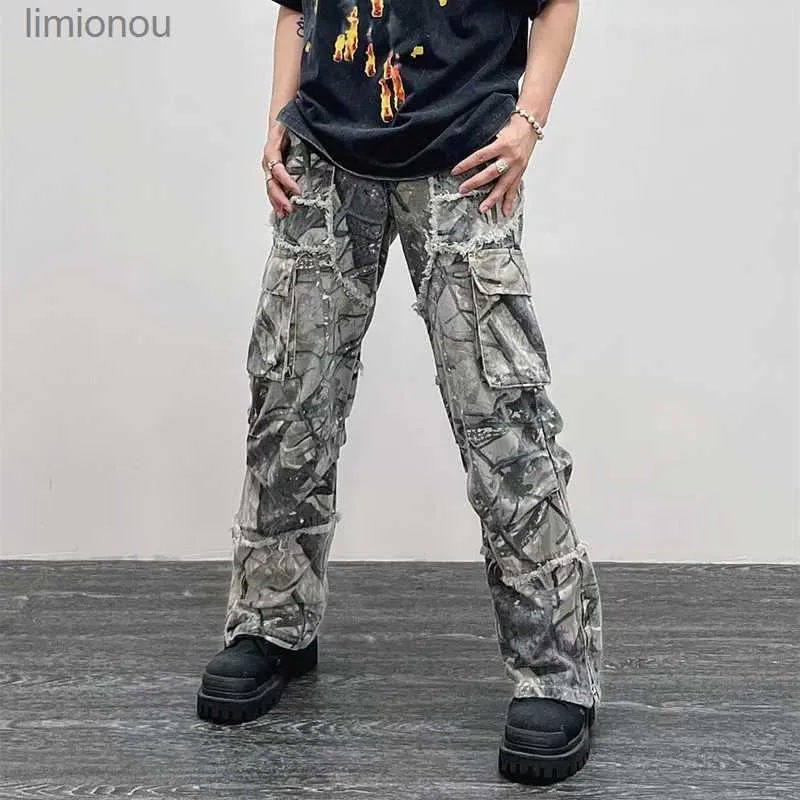 Men's Jeans 2023 Overalls Camouflage Y2K Fashion Baggy Flare Jeans Cargo Pants Men Clothing Straight Women Wide Leg Long Trousers PantalonesL240119