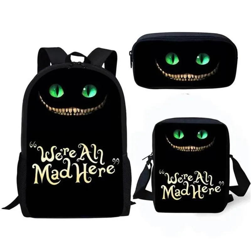 Väskor skolväskor för tonårspojkar flickor skolväska student bok väska barn väska söt 3d leende cheshire katt tryck barn ryggsäckar set
