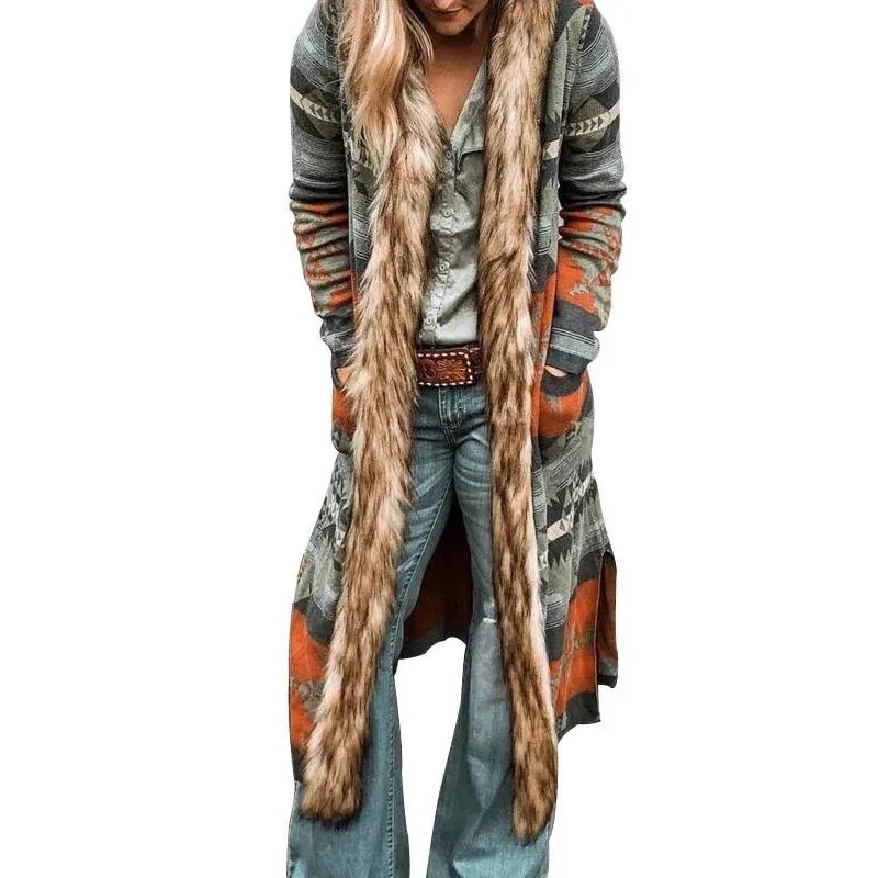 Pants Vintage Pattern Printed Long Hooded Cardigan Autumn Winter Warm Windbreaker Overcoat Women Elegant Button Pocket Coats Top Mujer