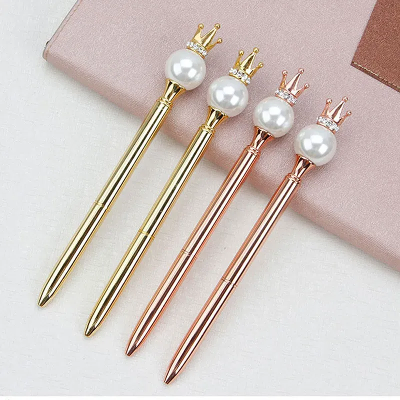Gold Plated Crown Pearl Metal Ballpoint Pens Fashion Office School Stationery Supplies For Girl Birthday Wedding