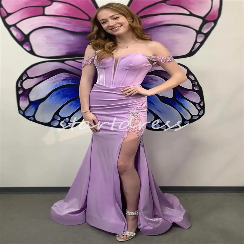 Belle robe de bal lilas à épaules dénudées avec fente en satin de soie sirène robe de soirée élégante longueur au sol robe de soirée pour occasion formelle 2024 anniversaire vestidos noche