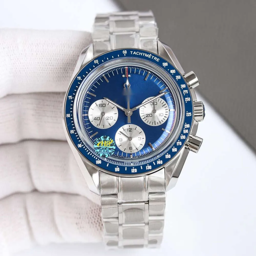 Men s Full Function Omega Speedmaster Chronograph Watch with Transparent Back in Black Leather