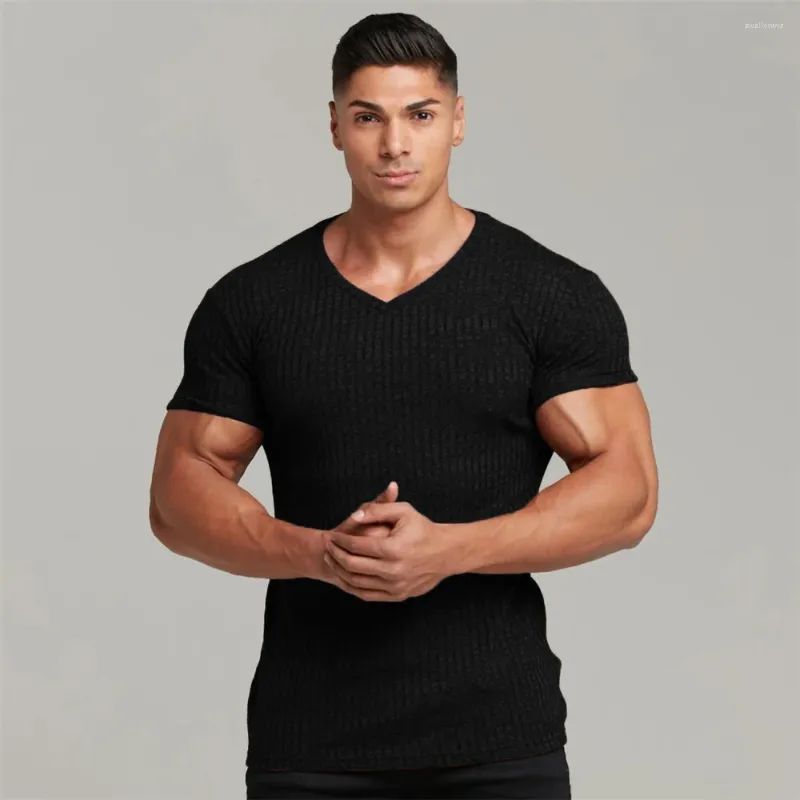 Camiseta masculina marca casual moda respirável masculino curto legal camiseta de fitness verão manga algodão com decote em v camiseta de malha