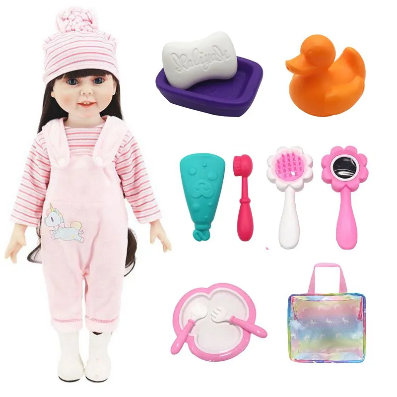 Kawaii 13 Items / Lot Fashion Pink Doll Clothes Hat Tableware Toiletries Bag Toothbrush Miniature Accessories For American Girl