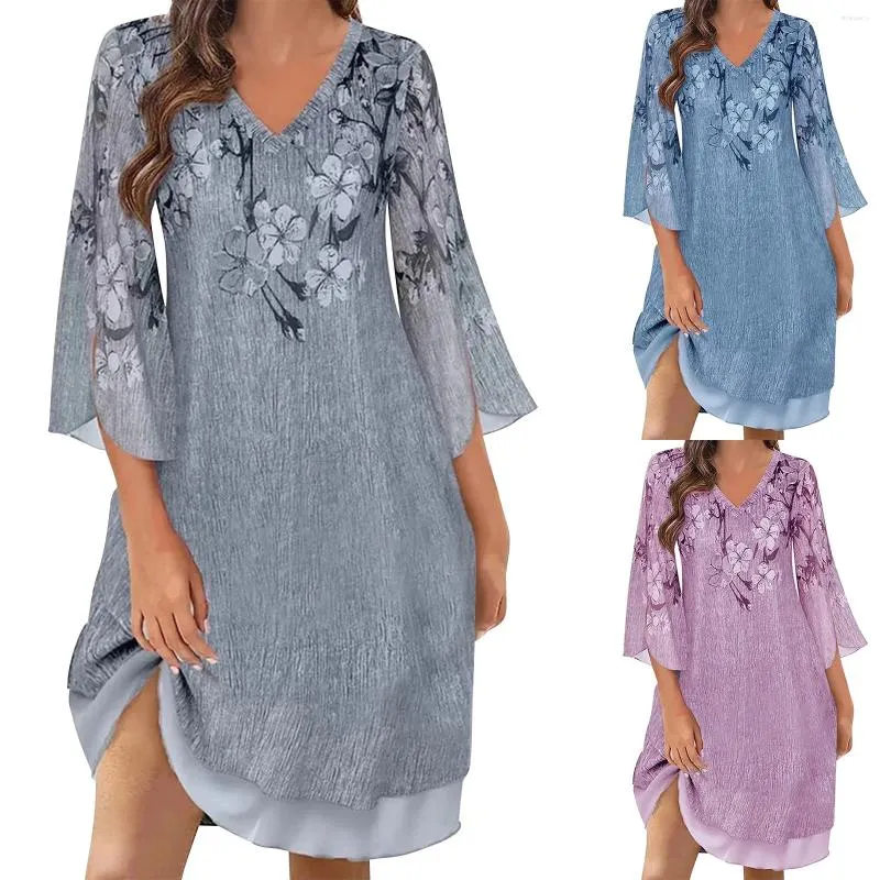 Casual Dresses Spring and Summer Women V Neck Three Quarter Sleeved Chiffon Print Double Layer Dress for Retro Floral