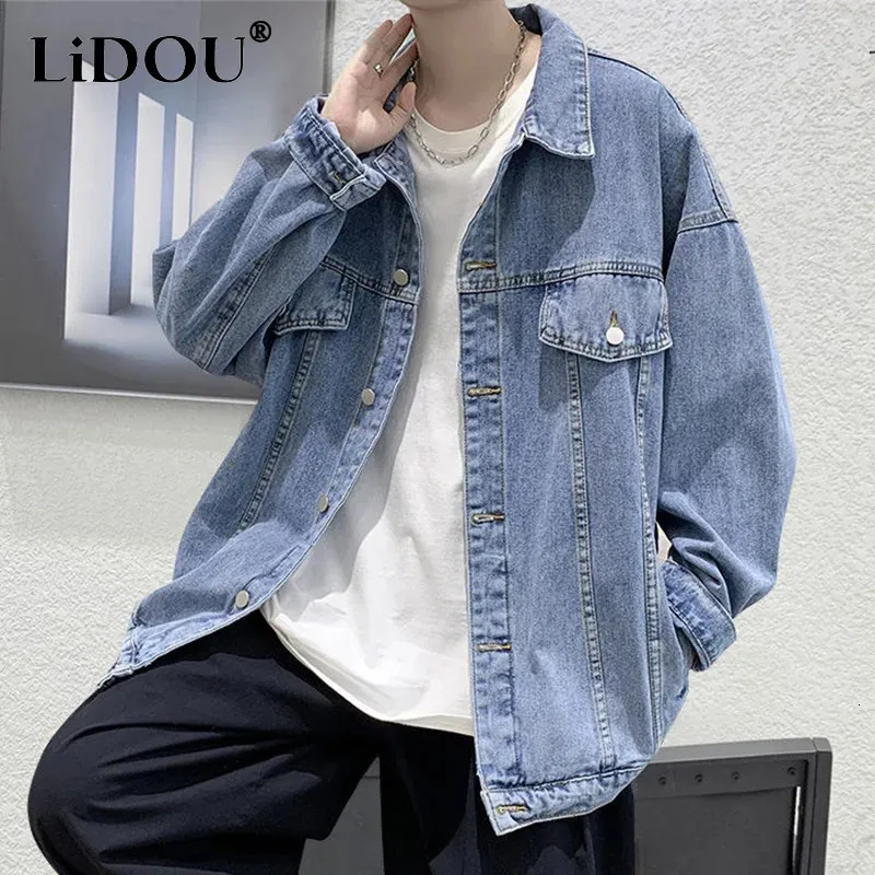 Spring Autumn Fashion Handsome Trend Jeans Jacket Men Simple Casual Solid Color Denim Man Coat Loose Vintage Streetwear Clothes 240118