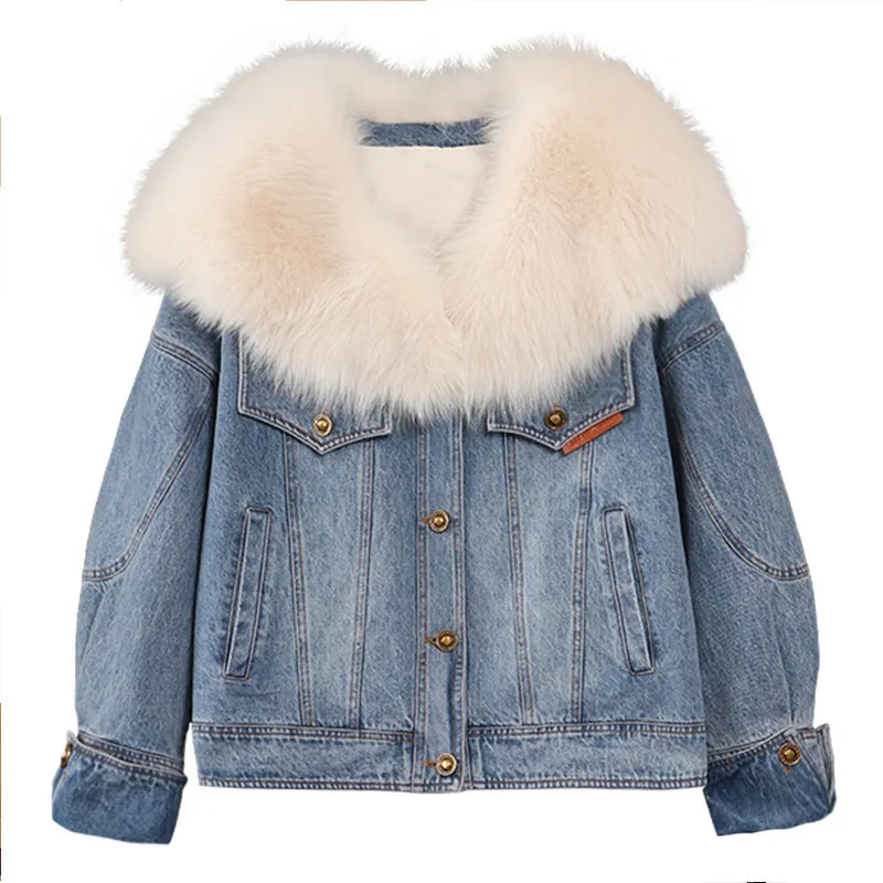OC468M36 겨울 여자 다운 재킷 데님 롱 슬리브 재킷 세련된 스타일의 여우 칼라 흰색 거위 다운 모피