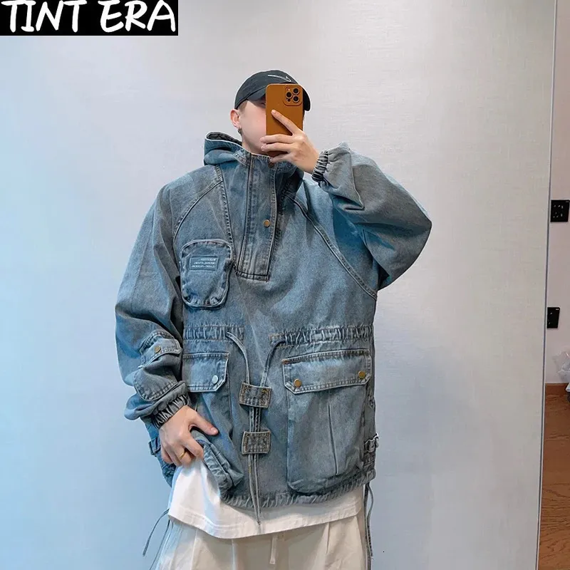 Hiphop lös denimjacka män kvinnor vintage multipocket huva pullover high street tvätt last cowboy kappa höstpar topps 240118