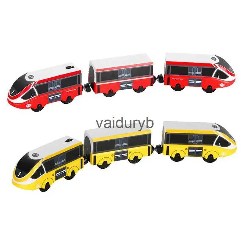 Kits de construção de modelo Trem elétrico de controle remoto 3 seções ligação magnética compatível brinquedo amarelo harmonia trem carro de madeira novo quente salevaiduryb