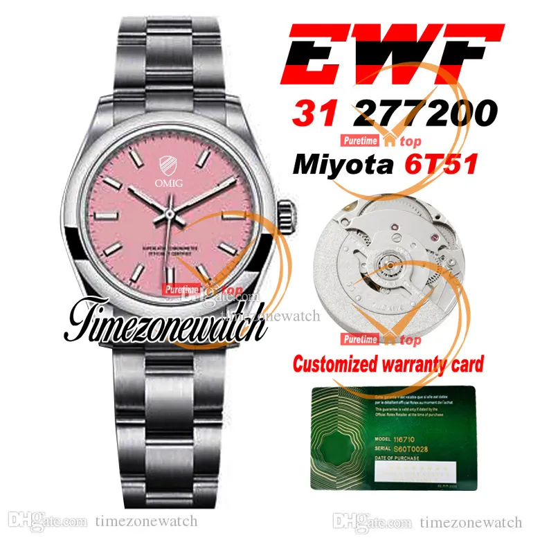 EWF 277200 31mm Miyota 6T51 Otomatik Kadınlar İzle Pembe Dial Stick Markers 904L Çelik Kılıf Bileziği En İyi Edition Aynı Seri Garanti Kart TimezoneWatch EW31D