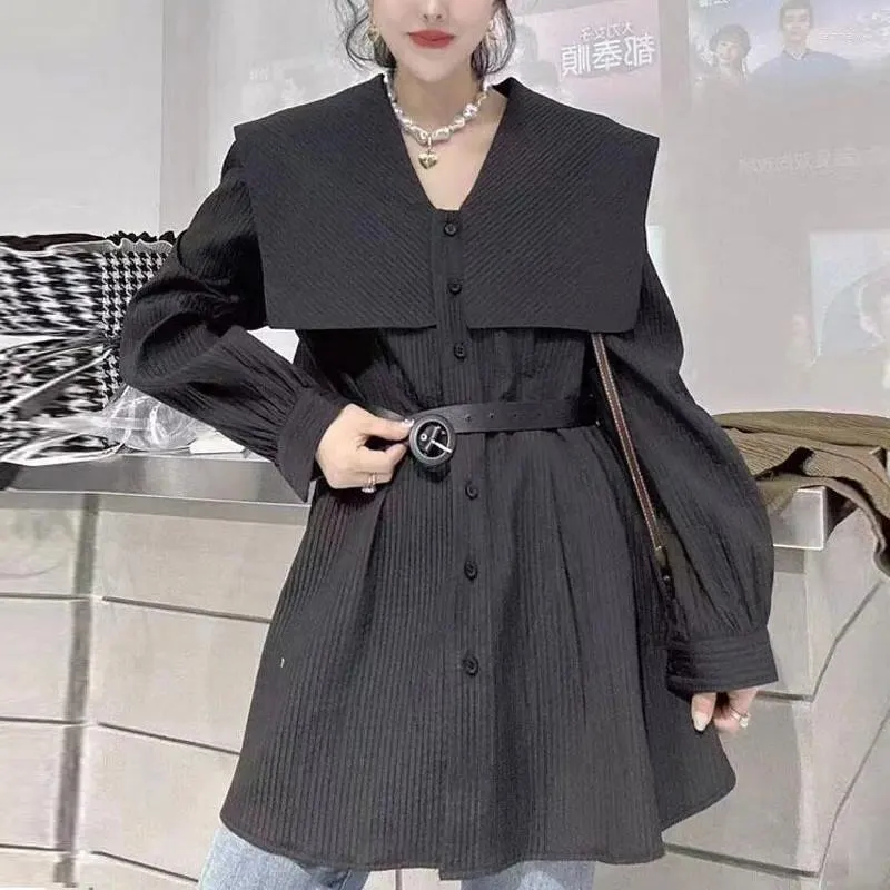 Kvinnor Bluses Office Lady Sailor Collar Shirt Korean Loose Spring Autumn Sashes pendlar kvinnliga kläder Enkelt breasted casual Basic