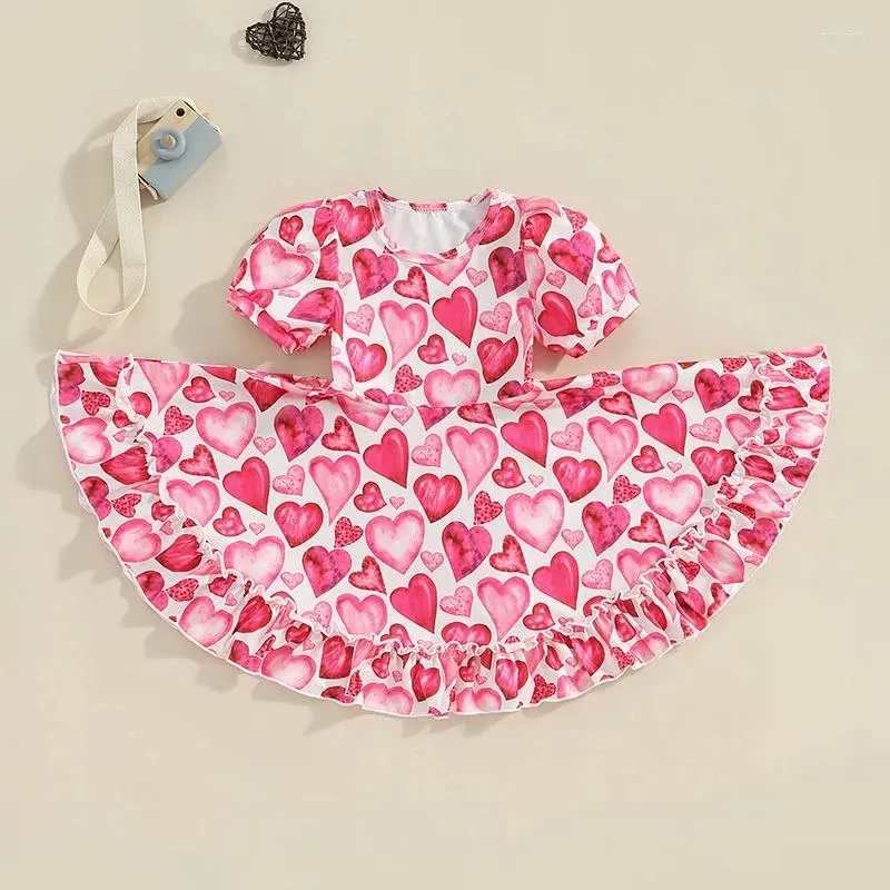 Flickaklänningar 1-5 Y Kids Girls Heart Print Dress Baby Puff Short Sleeve A-Line Summer Children Clothes For Casual Valentine