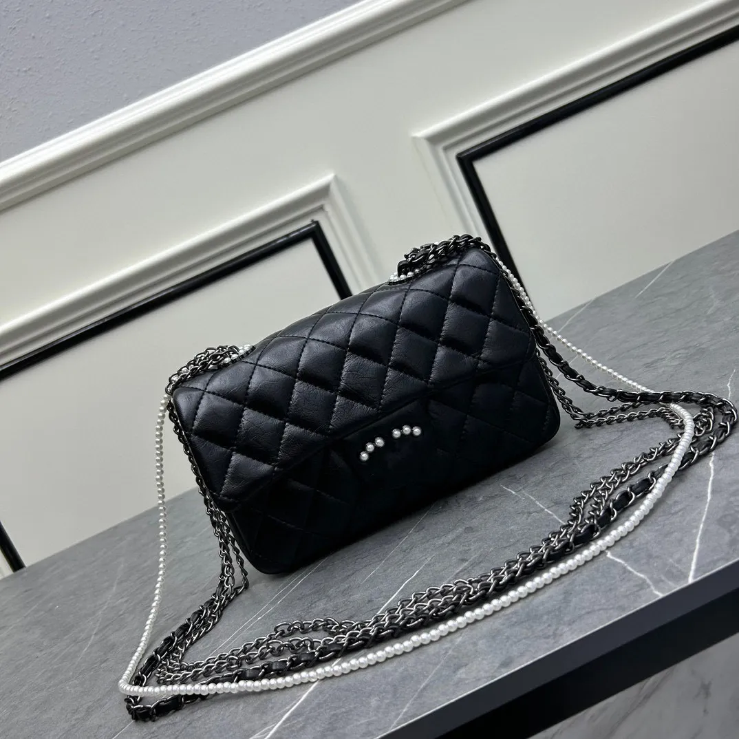 Modedesigner Umhängetaschen Chan Brief gedruckt Umhängetasche Perlen Kette Gitter Mode Luxus Leder Frauen Designer Handtaschen 23 cm