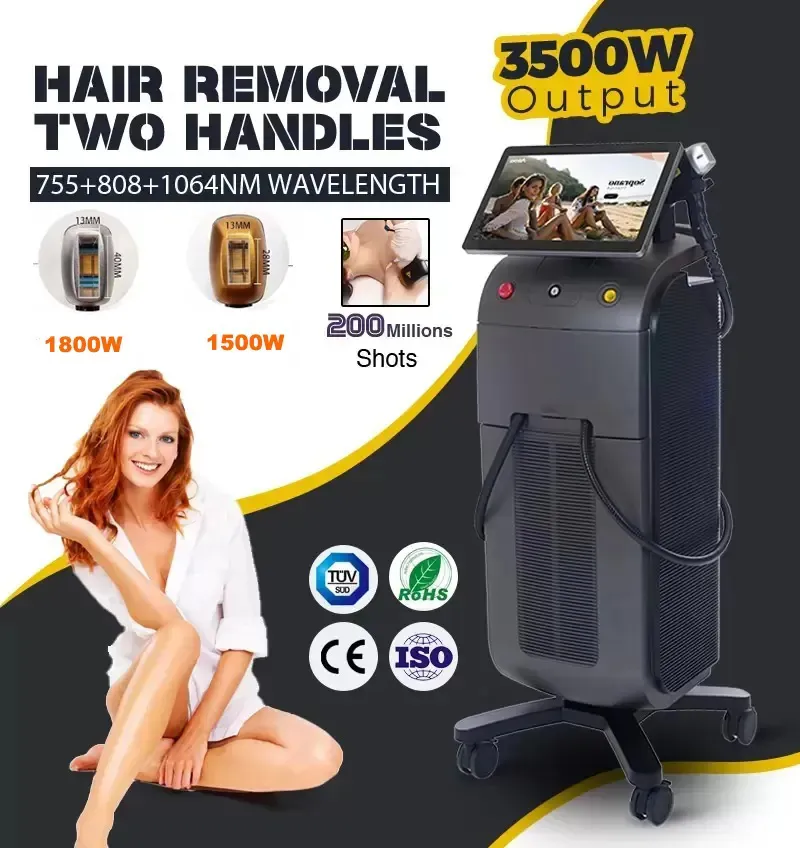 2 Handles Lazer Hair Removal CE And FDA Approved Handle Power 1200W 1600W 808 Diode Laser 3 Wavelength Portable Machine Permanent Laser Hair Removal