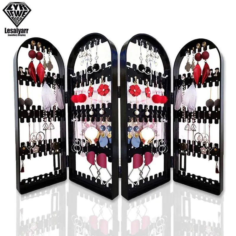 Display 2/3/4 Fans Panels Screen Folding Clear Earrings Studs Display Rack Necklace Jewelry Shelf Stand Holder Organizer Storage Box