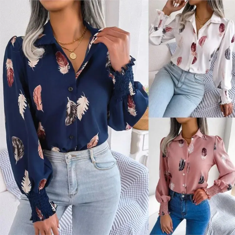 Blusas femininas Mulheres Casual Pena Impressão Colarinho Camisa de Manga Longa Branco Rosa Azul Colorido e Elegante Senhoras