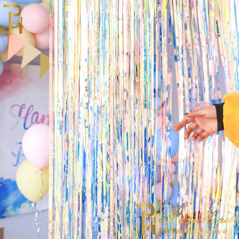 Wspaniałe zasłony tła Płynce Fringe Film Foil Kurtyna Unicorn Baby Shower Wedding Birthday Party Dekoration