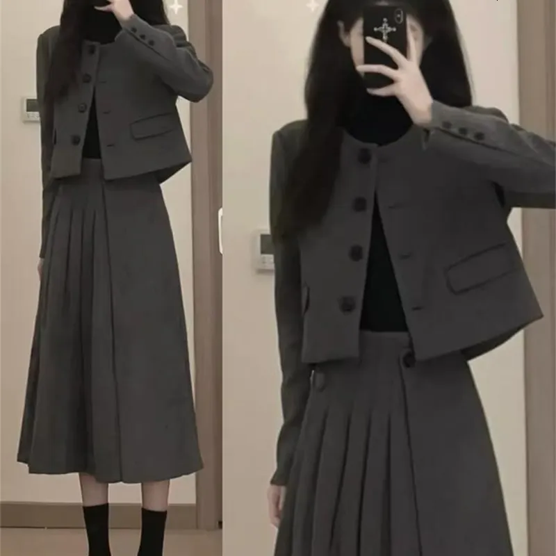 Gentil de lã feminina define manga longa curto blazer casaco cintura alta plissado midi saias ternos primavera outono elegante senhora saia conjunto 240119