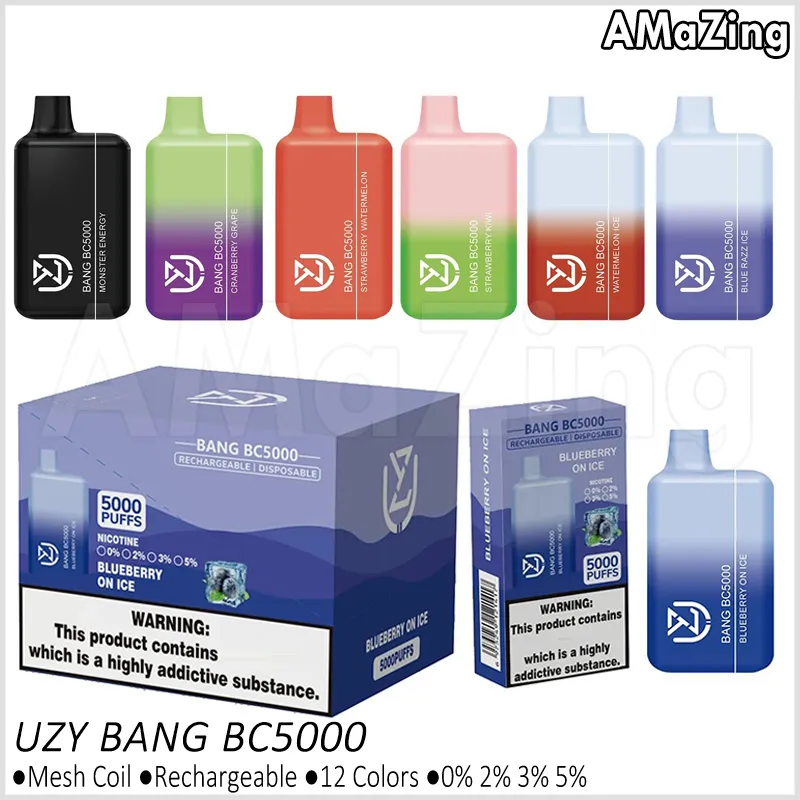 Authentique UZY Bang Box BC5000 Système de vape jetable Batterie rechargeable 12 ml Vaporisateurs pré-remplis 0% 2% 3% 5% E Cigarettes Puff 5000 Vaper