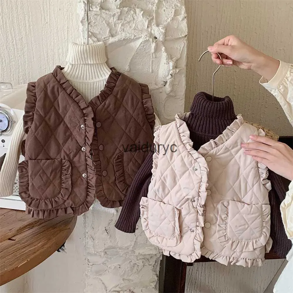 Waistcoat Winter New Baby Sleeveless Warm Vest Infant Girl Thick Windbreak Vest Fashion Ruffled Jacket Solid Kids Cotton Cardigan Coat H240508