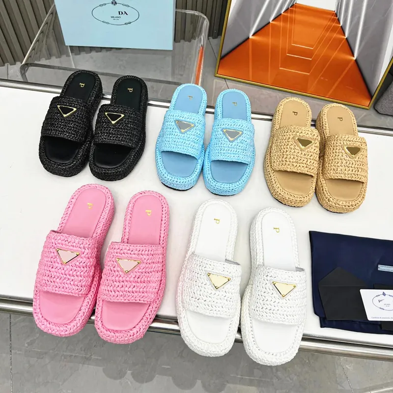 Plataforma de Crochê de Luxo Slip-on Sandália Triângulo Sliders Ráfia Tecido Tazz Chinelo Moda Sandale Mulher Homem Designer Sapato Prad Beach Sandales Summer Slide Dhgate