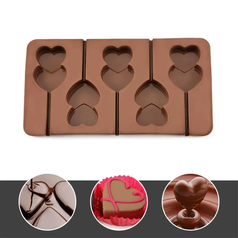 3D doble corazón piruleta Chocolate silicona galletas molde postre DIY herramienta de decoración de pasteles molde de gelatina hogar cocina hornear herramientas BJ