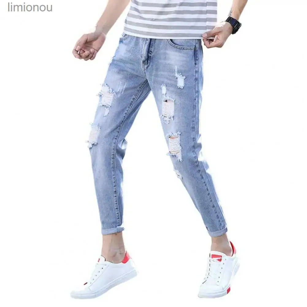 Jeans da uomo stile coreano vita media tasche con cerniera con bottoni uomo slim fit jeans skinny strappati pantaloni slim fit denim streetwearL240119