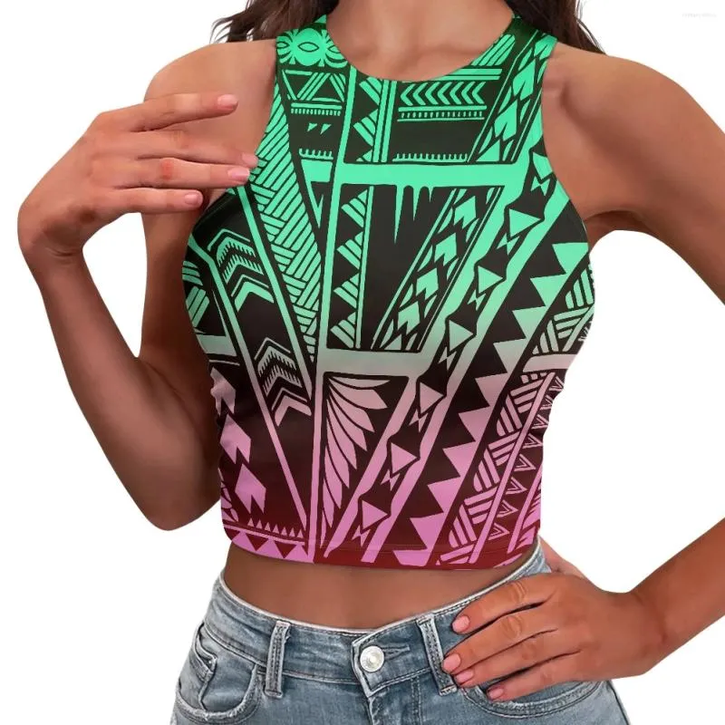 Tanques femininos Polinésio Tribal Havaiano Totem Tatuagem Havaí Estampas Coloridas Design Spice Girl Sem Mangas Colete de Cintura Alta Crop Tops Sexy