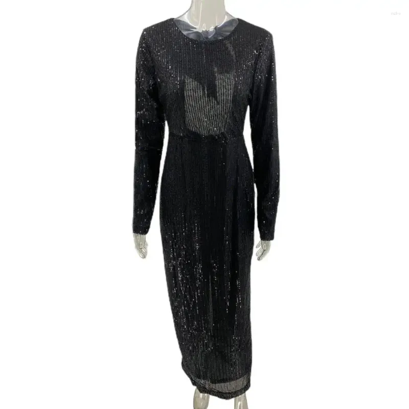 Abiti casual Girocollo Abito da donna Manica lunga Elegante Paillettes Maxi con fiocco con lacci senza schienale per banchetti di Natale