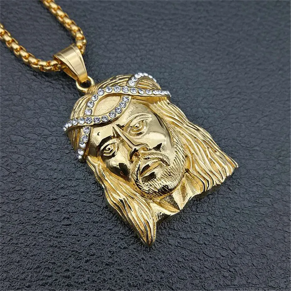 قلادة نسائية قلادة رأس يسوع مع قلادة مع سلسلة ذهبية صفراء 14 قيراطًا ومجوهرات قلادة الراين.