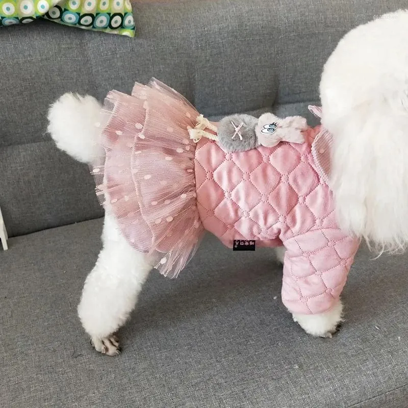 Cão vestuário quente gato rosa princesa vestido casaco outono inverno bonito boneca colarinho renda malha saias roupas tutu saia de casamento para cães gatos