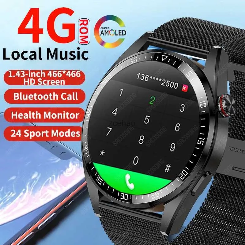 Smart Watches 2024 Nieuwe AMOLED-scherm Smart Watch Mannen geven altijd de tijd weer Bluetooth-oproep 4G Lokale muziek Smartwatch Heren voor Huawei Xiaomi