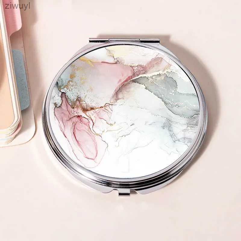 2PCS Mirrors Portable Makeup Mirror Portable Metal Mini Folding Mirror Marble Texture Simple Double-sided Mirror Handheld Round Mirror Gift