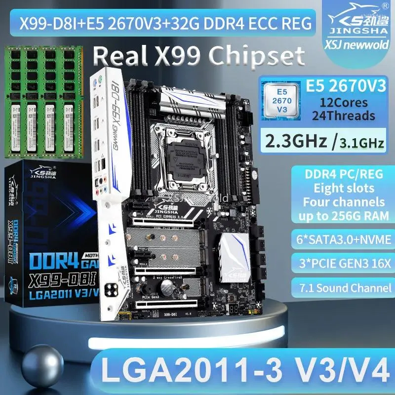 Motherboards JINGSHA X99-D8I Motherboard Kit E5 2670V3 Processor DDR4 4 8 32GB RAM Four Channels LGA2011-3 NVME WIFI M.2 SATA3.0 Xeon X99