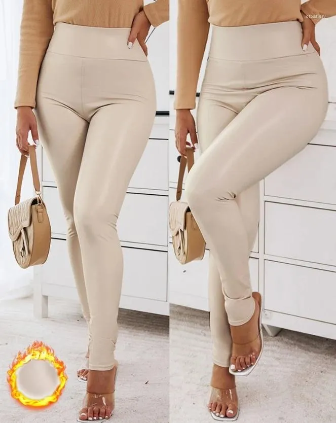 Calças femininas Versatilidade básica 2024 Mulheres Outono Inverno Skinny Leggings Casual Simples Pu Couro Cintura Alta Forrado Térmico Longo