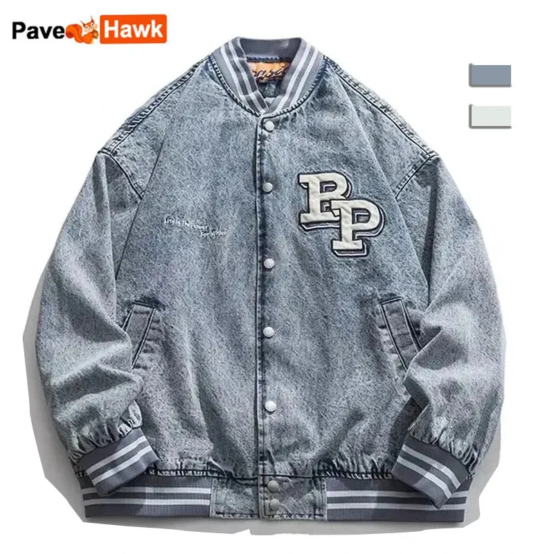 Lettre Patch Denim veste hommes femmes lâche Harajuku Bomber vêtements d'extérieur Couple automne Y2k Vintage Baseball manteau printemps décontracté 240118