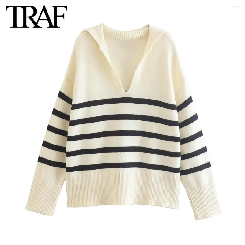 Women's Sweaters Women Fashion Fall Winter Long Sleeve Loose Cotton Pullover Tops Polo Neck Chic Female Vintage Striped Knit