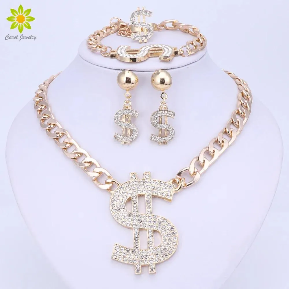 Gargantilhas cor de ouro hip hop bling bling dólar sinal pingente conjunto de jóias dólar com strass pingente colar brincos anel pulseira