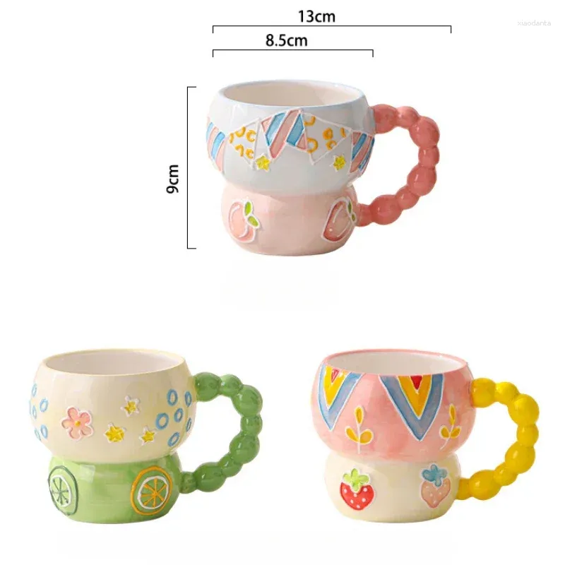 Mugs Hand Painted Relief Ceramic Coffee Cup Creative Cute Fruit Pattern Mug Drinkware Latte Tea Milk Water Cups Set Couple Gifts