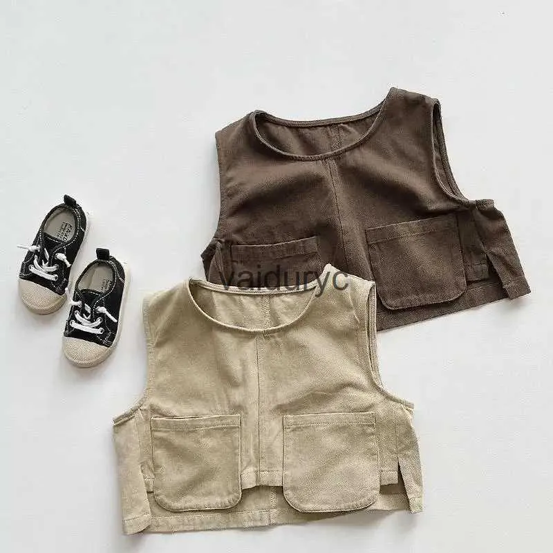 Waistcoat 2023 Nieuwe Spring Vintage Ldren Mouwloos Vest Solid Boys Casual Vest Fashion Girls Jacket Vest Kinderkleding H240508