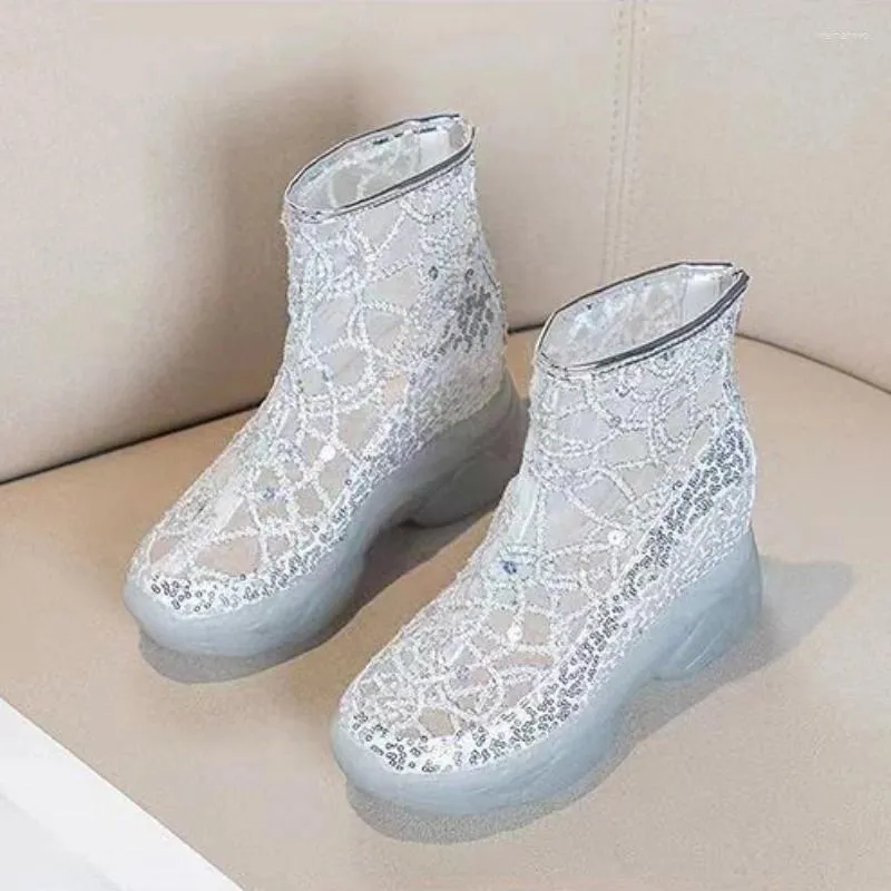 Sandals Buty platformowe 2024 Summer cekin podwyższona siatka dla damskiego zamka o plecaku