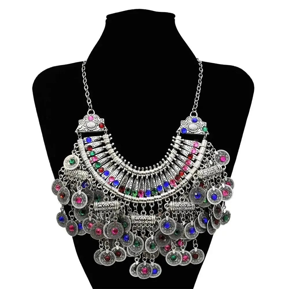 Colliers Gypsy Turc Tribal Coloré Strass Pièces Collier Boucles D'oreilles pour Femmes Boho Pakistan Afghan Robe Vêtements Inde Ensembles de Bijoux