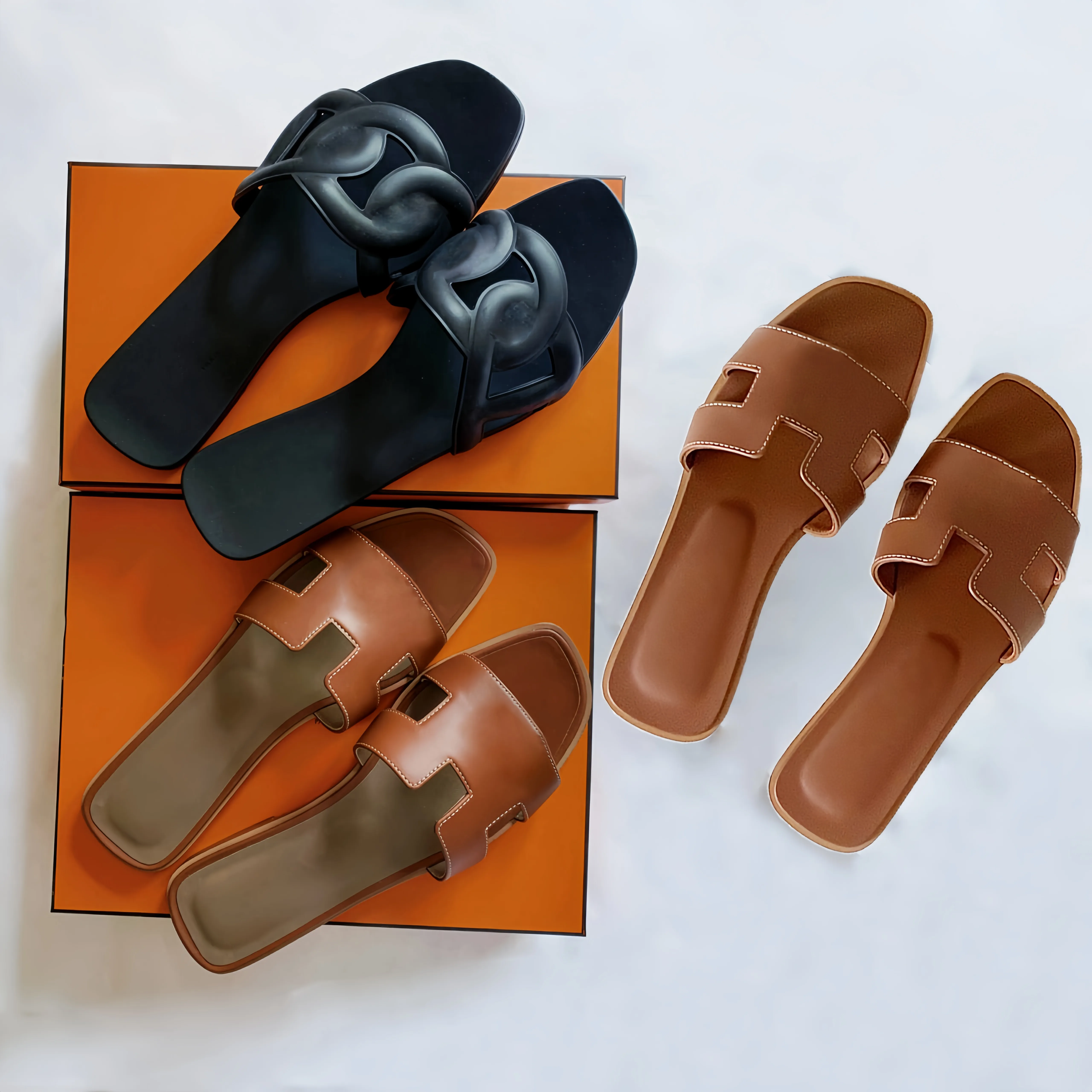 Дизайнерские женские пляжные тапочки, сандалии, шлепанцы, шлепанцы для женщин, женские летние повседневные модные роскошные классические туфли на плоской подошве, однотонные домашние туфли Mlues, оранжевая кожа