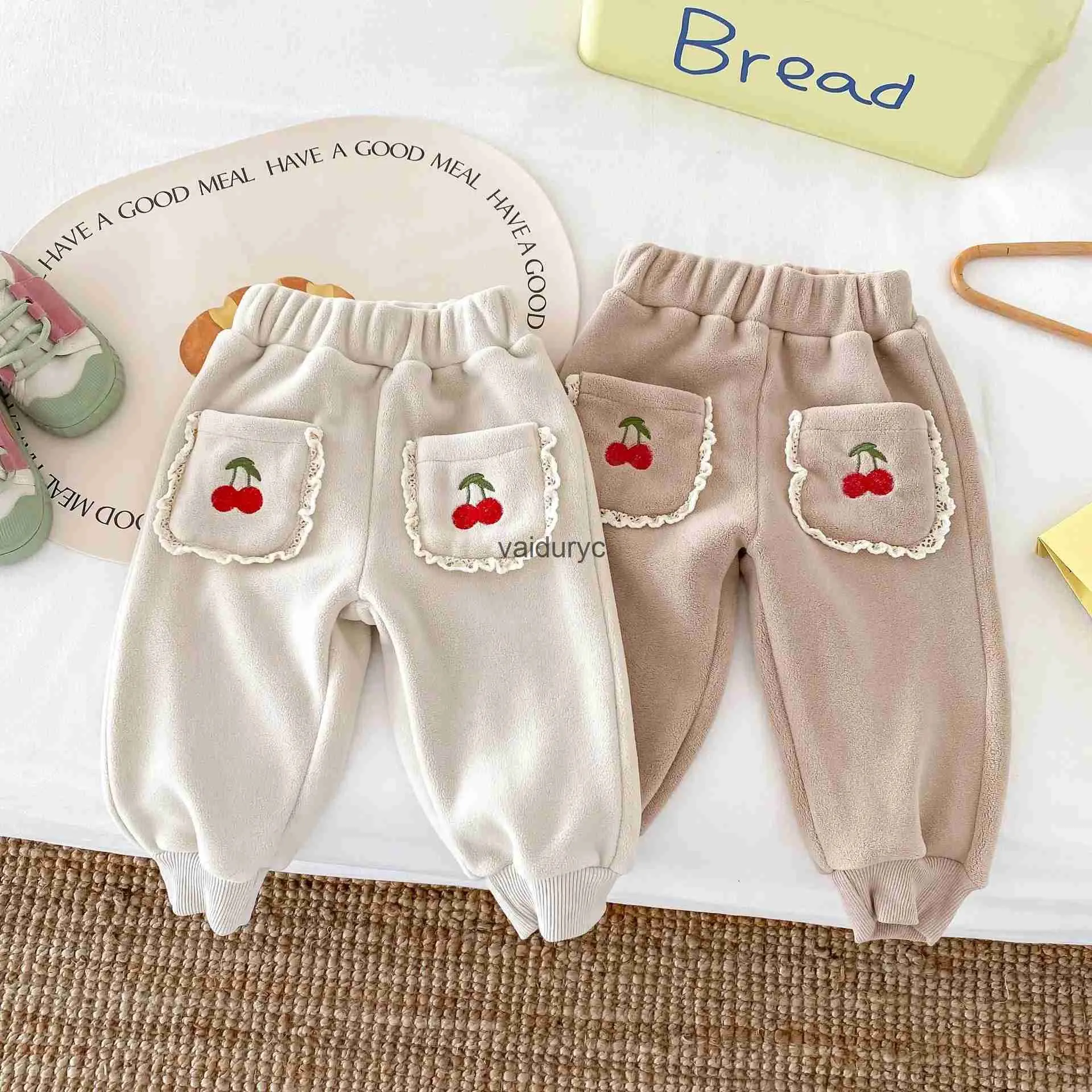 Trousers 2023 Winter New Baby Thicken Warm Casual Pants Cute Cherry Embroidery ldren Trousers Infant Girl Plus Velvet Harem Pants H240508