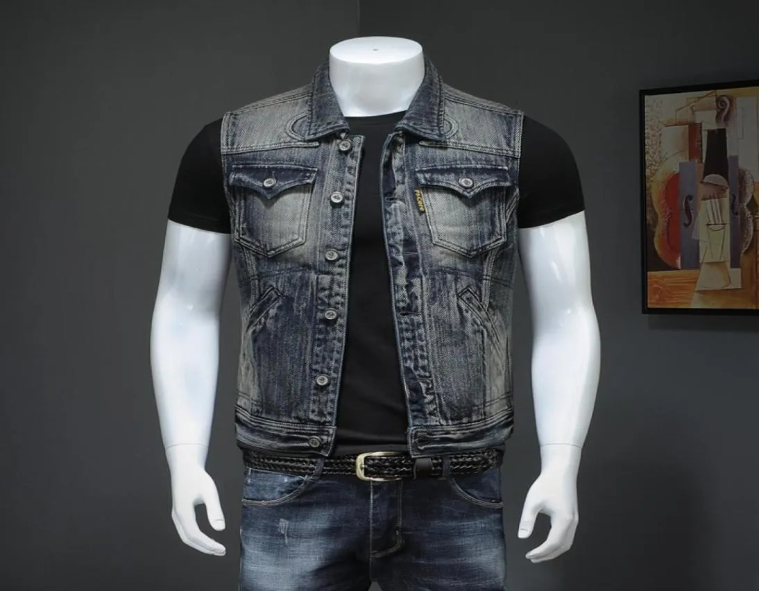 Europejska i amerykańska retro twardy facet Men039s Top Dżins Vest Slim Spling wielopaskie