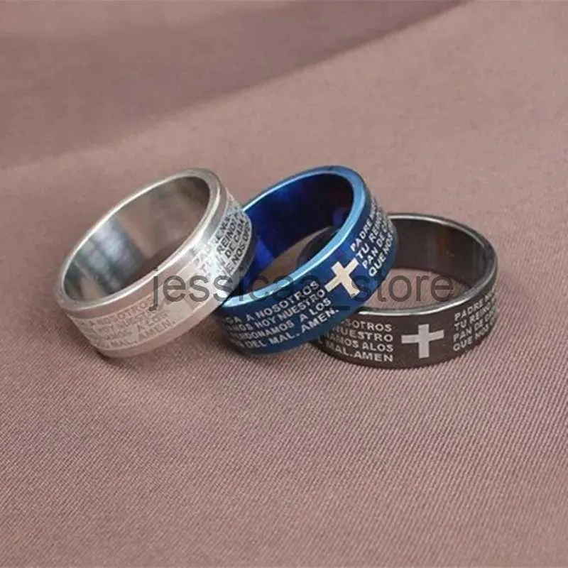 Pierścienie zespołu bxzyrt hiszpańska modlitwa biblijna Jesus Cross Men Pierścienie ze stali nierdzewnej chrześcijańskie kobiety czarny niebieski srebrny kolor pierścienia urodzinowe J240119