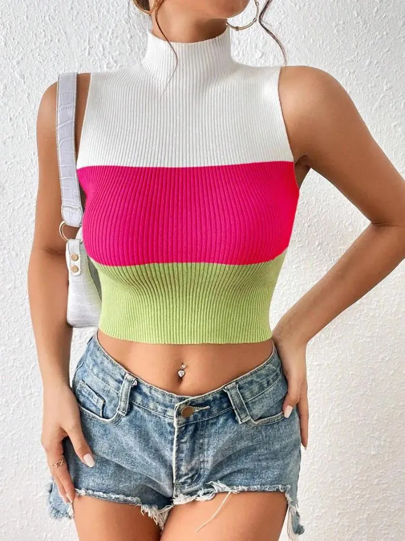 Kvinnors tankar Kvinnor Casual Color Block Turtleneck Ribbed ärmlös Crop Top Y2K kläder Femme Stretch Multicolor Luxury tröja Skjorta