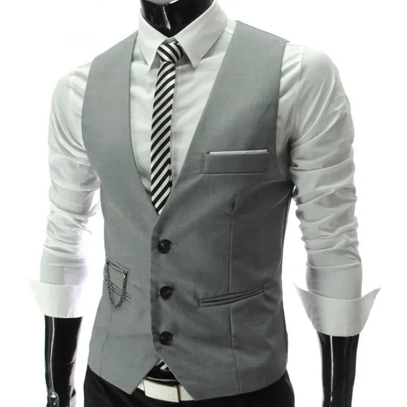 Grey Dress Vests Slim Fit Mens Suit Vest Casual Sleeveless Waistcoat Gilet Homme Formal Business Jacket Male 240119